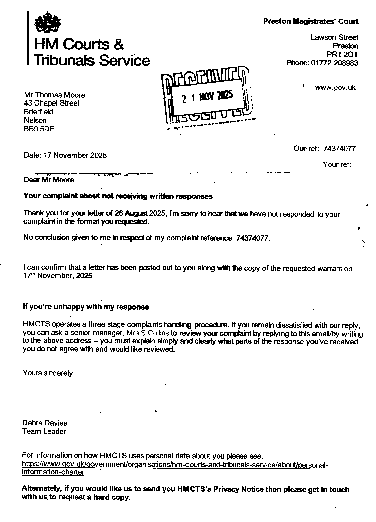 H M Courts and Tribunals Service, 17 November 2025, letter 2
